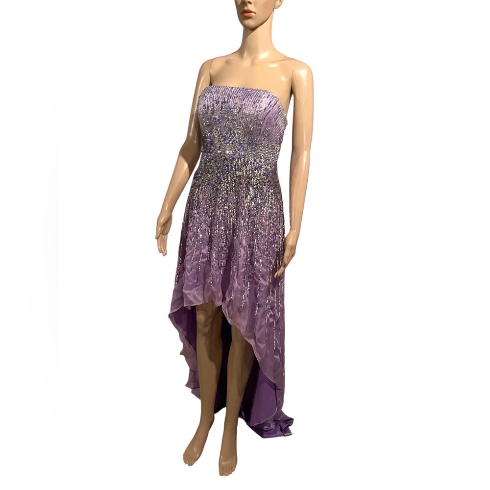 Vintage Y2K Sherri Hill Strapless Sequin High Low Gown Silk Purple 8